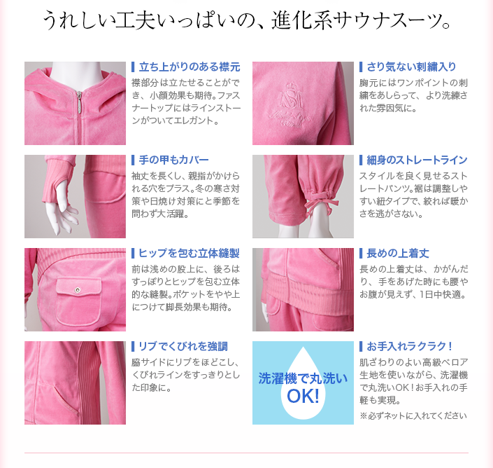 うれしい工夫いっぱいの、進化系サウナスーツ。
裏地にはソフトな風合いと、優れた保温効果を併せもつ
高機能素材を使用