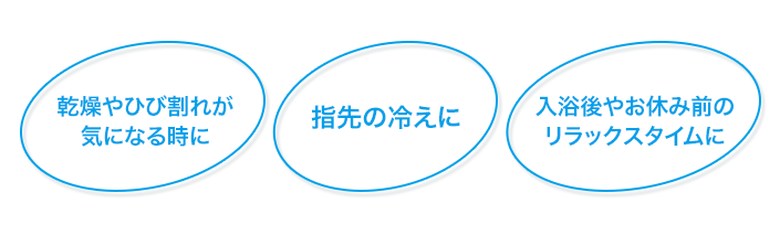 乾燥やひび割れが気になる時に,指先の冷えに,入浴後やお休み前のリラックスタイムに