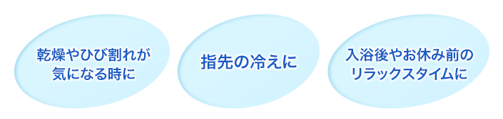 乾燥やひび割れが気になる時に,指先の冷えに,入浴後やお休み前のリラックスタイムに