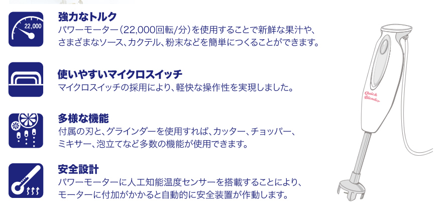 強力なトルク/パワーモーター(２２，０００回転/分)を使用することで新鮮な果汁や、さまざまなソース、カクテル、粉末などを簡単に作ることができます。使いやすいマイクロスイッチ/マイクロスイッチの採用により、軽快な操作性を実現しました。多様な機能/付属の刃と、グラインダーを使用すれば、カッター、チョッパー、ミキサー、泡立てなど多数の機能が使用できます。安全設計/パワーモーターに人口知能温度センサーを搭載することにより、モーターに付加がかかると自動的に安全装置が作動します。